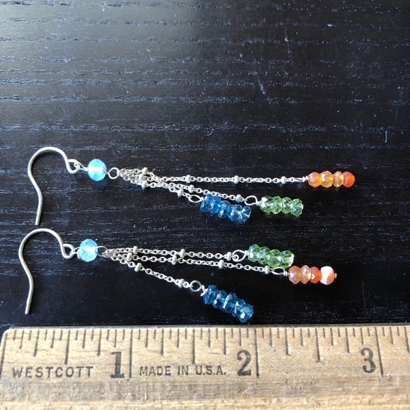 Artisan gemstone long dangle earring sterling silver trio peridot apatite 2.75” - Picture 5 of 7